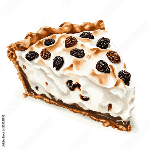 Watercolor Sour Cream Raisin Pie Slice with Toasted Meringue