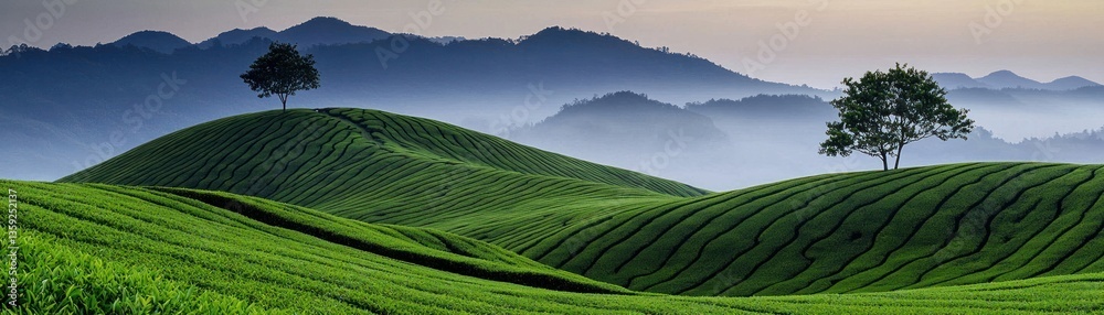 Fototapeta premium Lush green tea fields with trees and distant mountains in the background