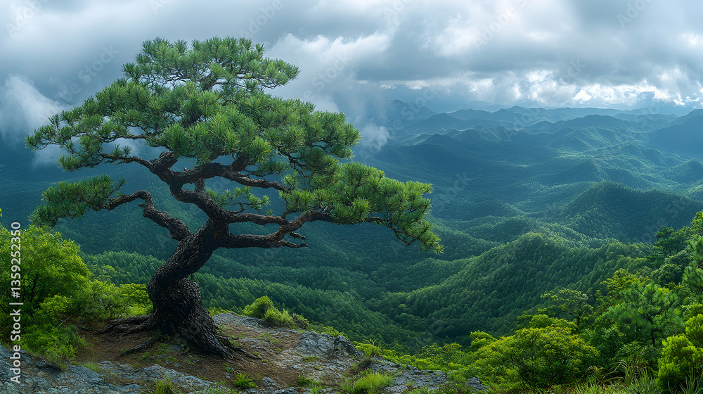 Obraz premium A lone tree sits atop a ridge overlooking a lush landscape of misty mountains under a cloudy sky