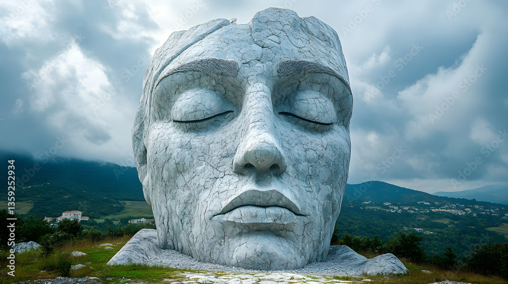 Giant Stone Face in Nature: A colossal stone sculpture of a human face, set against a backdrop of rolling hills and a dramatic sky, embodies a sense of timelessness and profound introspection. Giant Stone Face in Nature: A colossal stone sculpture of a human face, set against a backdrop of rolling hills and a dramatic sky, embodies a sense of timelessness and profound introspection.