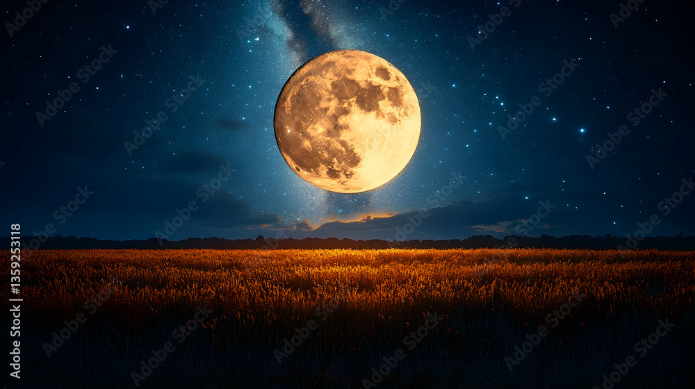Fototapeta premium A luminous full moon over a field under a starry sky casting soft light upon the ground