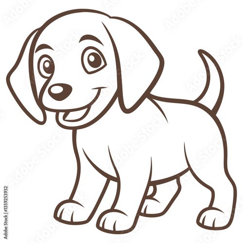 Cartoon outlined Puppy illustration, standing playfully with a happy expression