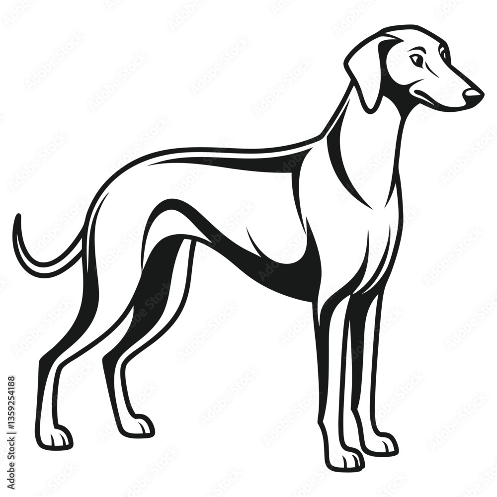Fototapeta premium Black and White Line Art Stylized Dog Illustration, Standing and Looking Away Profile