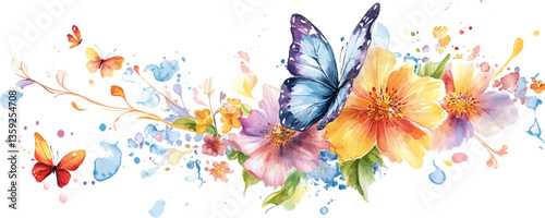 Watercolor floral and butterfly tattoo design clip art set, isolated on a white background.