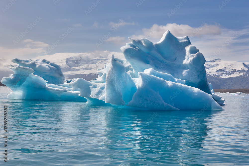 Icebergs turquoise lake and snowy mountains. Jokulsarlon, Southeast area. Iceland.