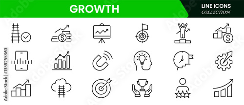 Growth line icons collection. Big UI icon set in a flat design. Thin outline icons pack. Vector illustration