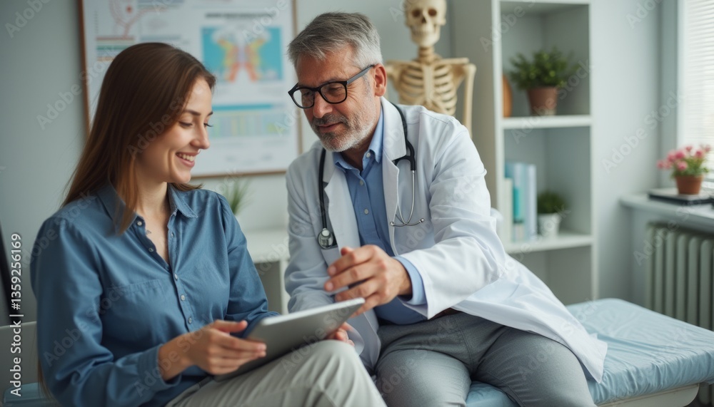 Obraz premium A friendly doctor in a white coat engages with a young woman, sharing insights on a tablet in a well-lit medical office. The scene radiates warmth and professionalism, highlighting the importance of