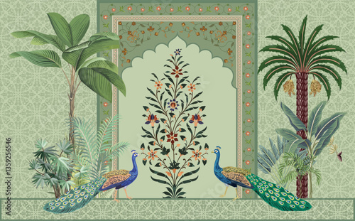 Traditional Mughal Wall Mural Wallpaper, Seamless Wallpaper Design, Mughal Arch with Flower, Peacock, Trees.