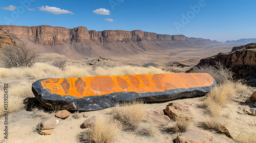 Ancient Rock Art in Desert: Witnessing the remnants of ancient civilizations, a vibrant, weathered rock slab, etched with evocative artwork, rests amidst the rugged beauty of a vast desert landscape.