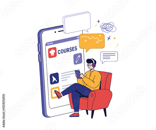 A minimalist vector of a person using an online course platform on a mobile device."