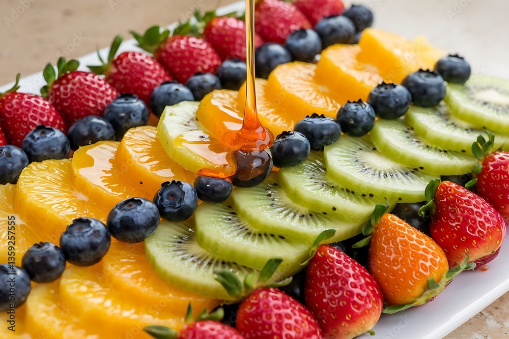 A Vibrant and Delicious Fruit Platter with Honey Drizzle A Vibrant and Delicious Fruit Platter with Honey Drizzle