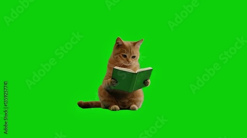 Ginger cat read a book on green screen 