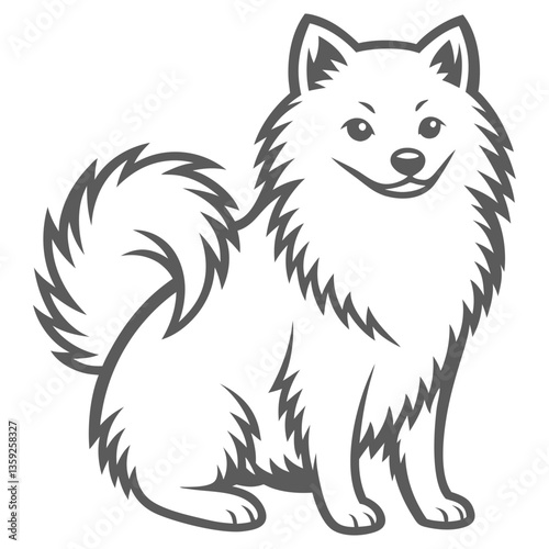Stylized Pomeranian Dog Illustration, Outline Style, Clean Look, Isolated On White