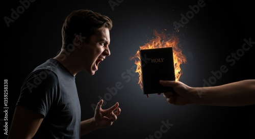 Man screams at bible on fire. Concept of anger again religion and faith. Illustration for hate in religious world, social issues or church crisis, prayer, belief in god.