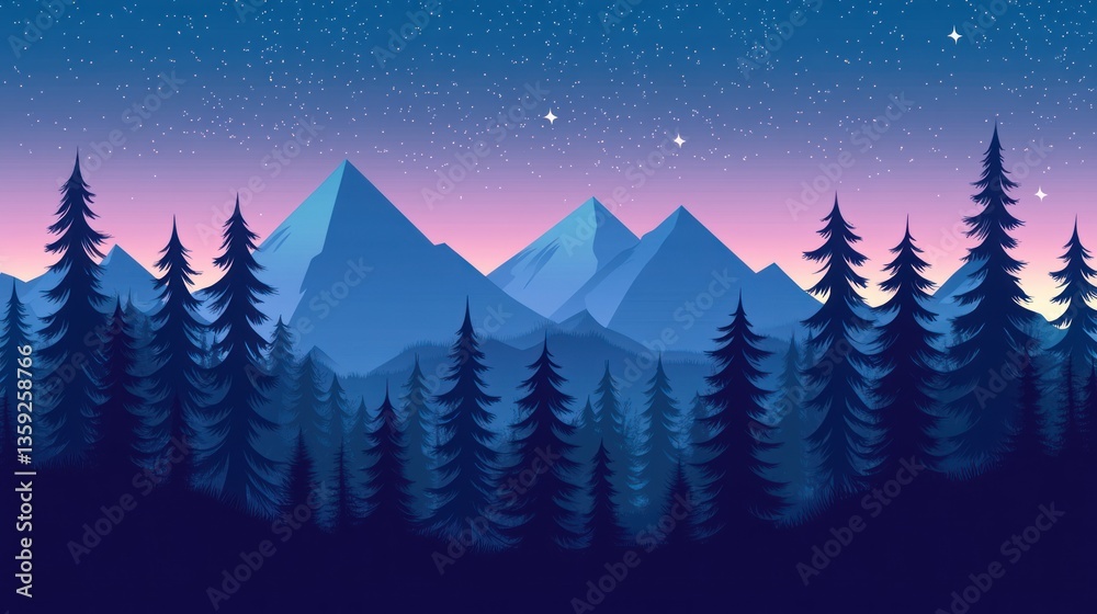 Fototapeta premium A scenic illustration depicting mountains and trees at night