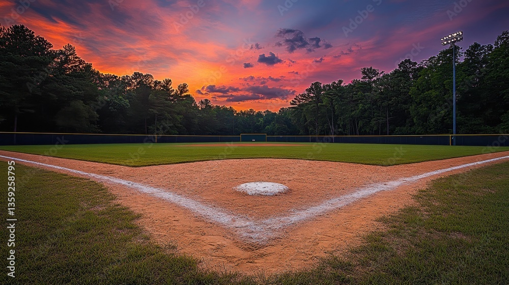 A view from the pitchers mound, looking toward home plate under a sky painted with pink and orange hues A view from the pitchers mound, looking toward home plate under a sky painted with pink and orange hues