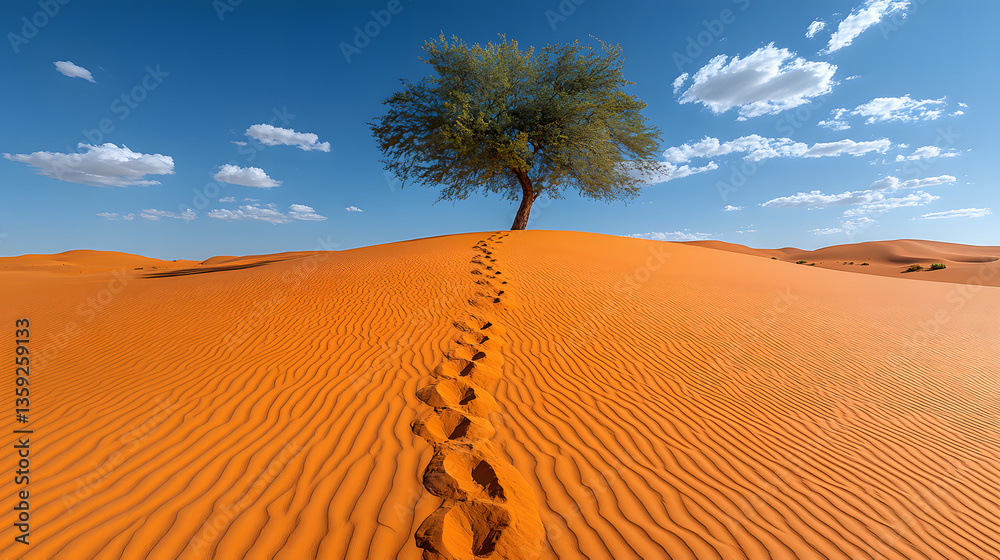 Footprints in the Desert: A lone tree stands resilient atop a sand dune, with a trail of footprints leading towards it under a vibrant blue sky. Witness the stark beauty of the desert