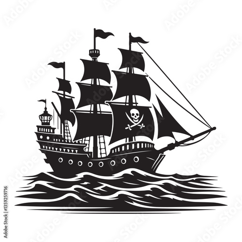 Vintage Pirate Ship Silhouette Illustration Sailing on the Sea Waves