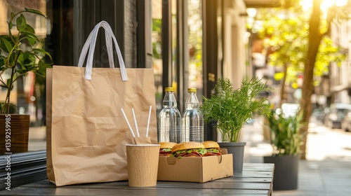Takeaway food and drinks presented outside a building for enjoyment