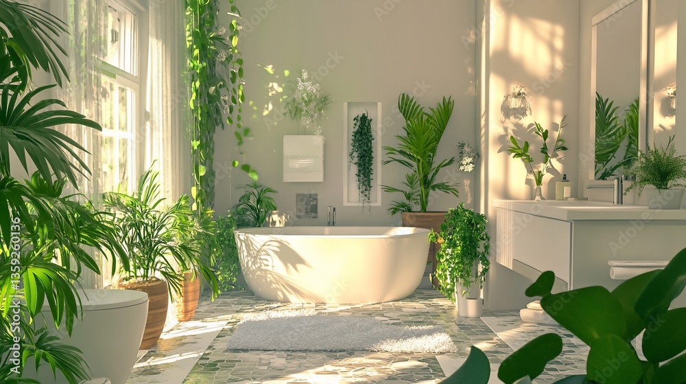 Fototapeta premium Botanical sanctuary, A bathroom immersed in vibrant greenery and sunlight