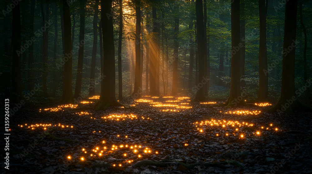Obraz premium A misty forest scene with golden sunlight filtering through tall trees casting glowing spots on the forest floor covere