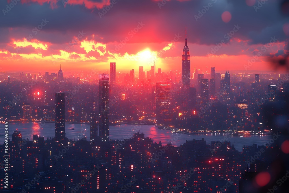 Fototapeta premium City Skyline at Sunset: Witness the majesty of a cityscape at sunset, where skyscrapers pierce the twilight sky, the sun paints the clouds with vibrant hues.