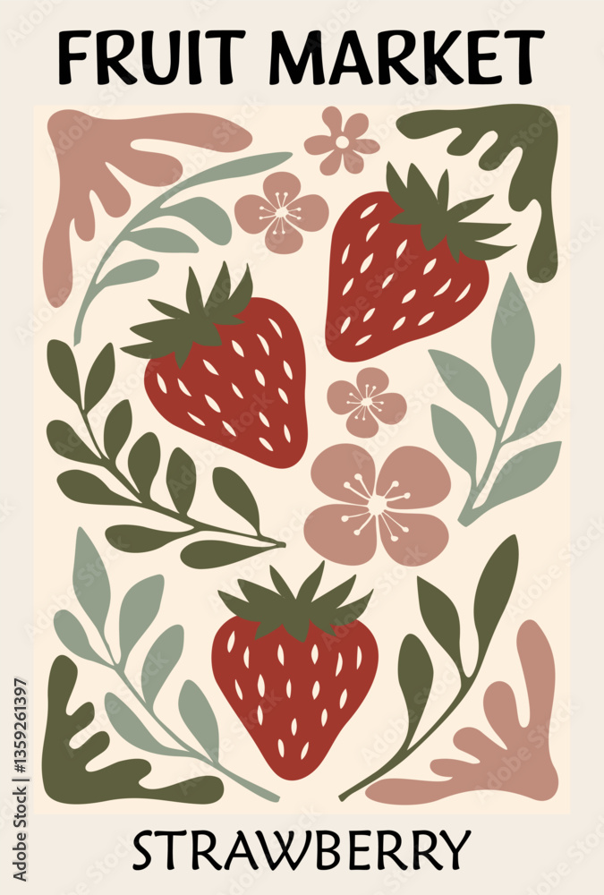 Fototapeta premium Abstract Fruit Market retro poster. Trendy contemporary wall art Strawberry fruit design in Mid century modern style. Modern naive groovy interior decoration, vector art painting.