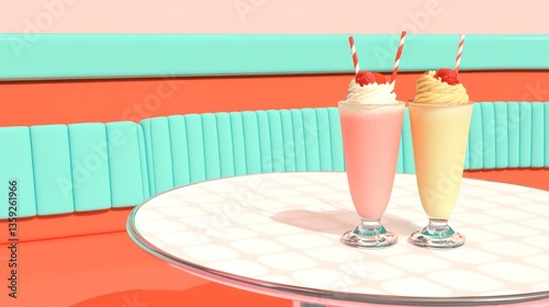 Two Milkshakes On A Table In A Diner Setting