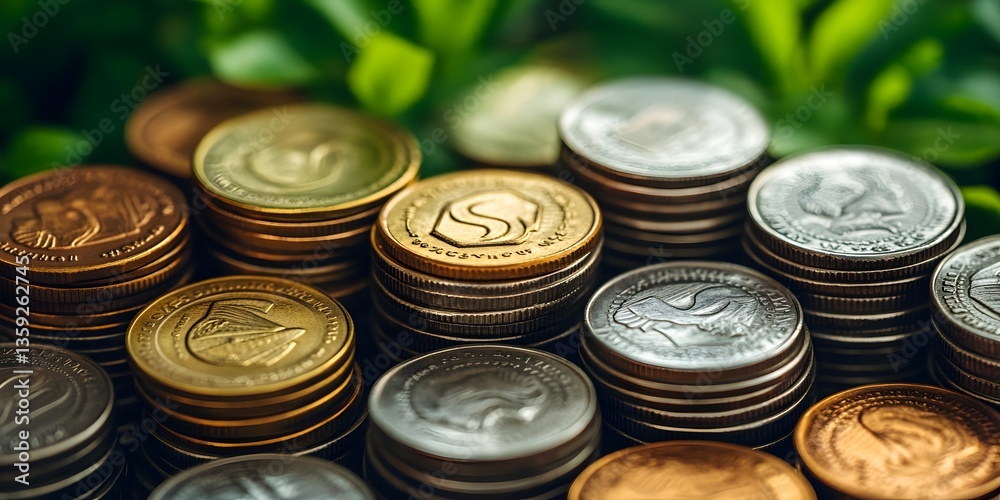 Stacks of Wealth: Shiny coins neatly stacked, representing wealth, success, and financial growth against a backdrop of flourishing foliage, embodying the concept of prosperity and abundance. Stacks of Wealth: Shiny coins neatly stacked, representing wealth, success, and financial growth against a backdrop of flourishing foliage, embodying the concept of prosperity and abundance.