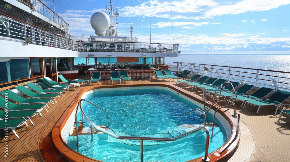 Fototapeta premium Luxurious Cruise Ship Poolside Oasis with Scenic Ocean Views and Comfortable Lounge Chairs Under Beautiful Skies Ideal for Relaxing Getaways and Summer Adventures