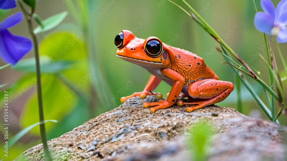 Vibrant red frog perched on a rock surrounded by wildflowers in a lush, green environment during a sunny day