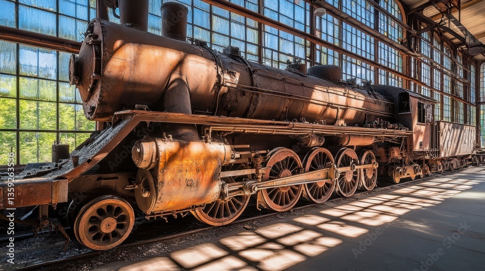 Naklejka premium Sunlight streaming through broken windows, casting shadows over rusted machinery in a train factory