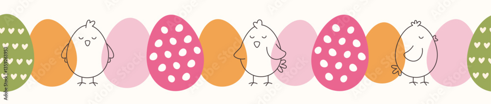 Happy Easter seamless pattern with cute chickens and decorated eggs. Design for Easter card, banner, textile and scrapbooking. Happy Easter seamless pattern with cute chickens and decorated eggs. Design for Easter card, banner, textile and scrapbooking.