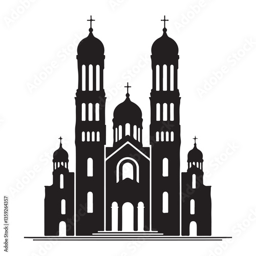 Magnificent Black and White Orthodox Church Vector Illustration with Domes