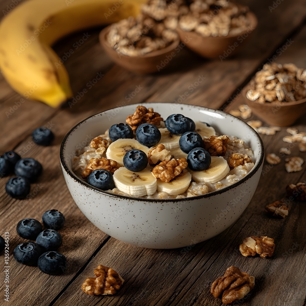 Delicious Oatmeal Bowl with Banana, Blueberries, and Walnuts Delicious Oatmeal Bowl with Banana, Blueberries, and Walnuts