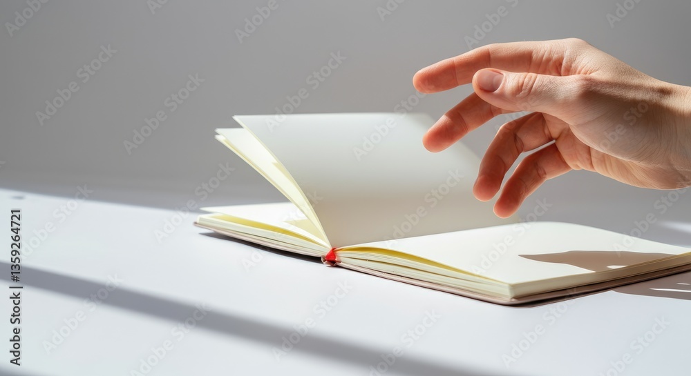 Hand flipping through blank pages of open notebook under natural light Hand flipping through blank pages of open notebook under natural light