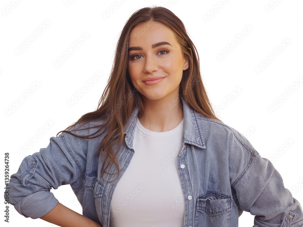 Confident young woman smiling in a business studio, showcasing beauty, success, and fashion with a confident expression, png Confident young woman smiling in a business studio, showcasing beauty, success, and fashion with a confident expression, png