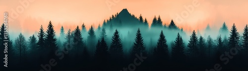 A serene scenic landscape of misty mountain and evergreen trees
