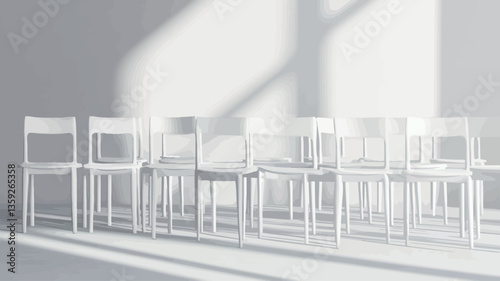 The image shows a row of simple, white chairs arranged in a minimalist interior space.  The chairs are uniformly spaced and appear to be made of a light-colored material.  The background is a plain