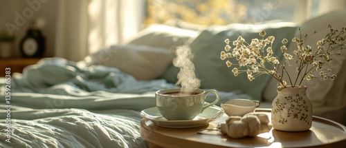 Cozy Bedside Scene with a Steaming Cup of Tea, Fresh Flowers, and Warm Light Creating a Serene Atmosphere for Relaxation and Comfort at Home