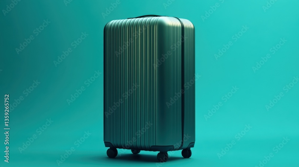 A futuristic metallic gray suitcase with a ribbed design, placed on a cool cyan background. A futuristic metallic gray suitcase with a ribbed design, placed on a cool cyan background.