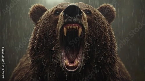 A close up image depicts a grizzly bear in the rain