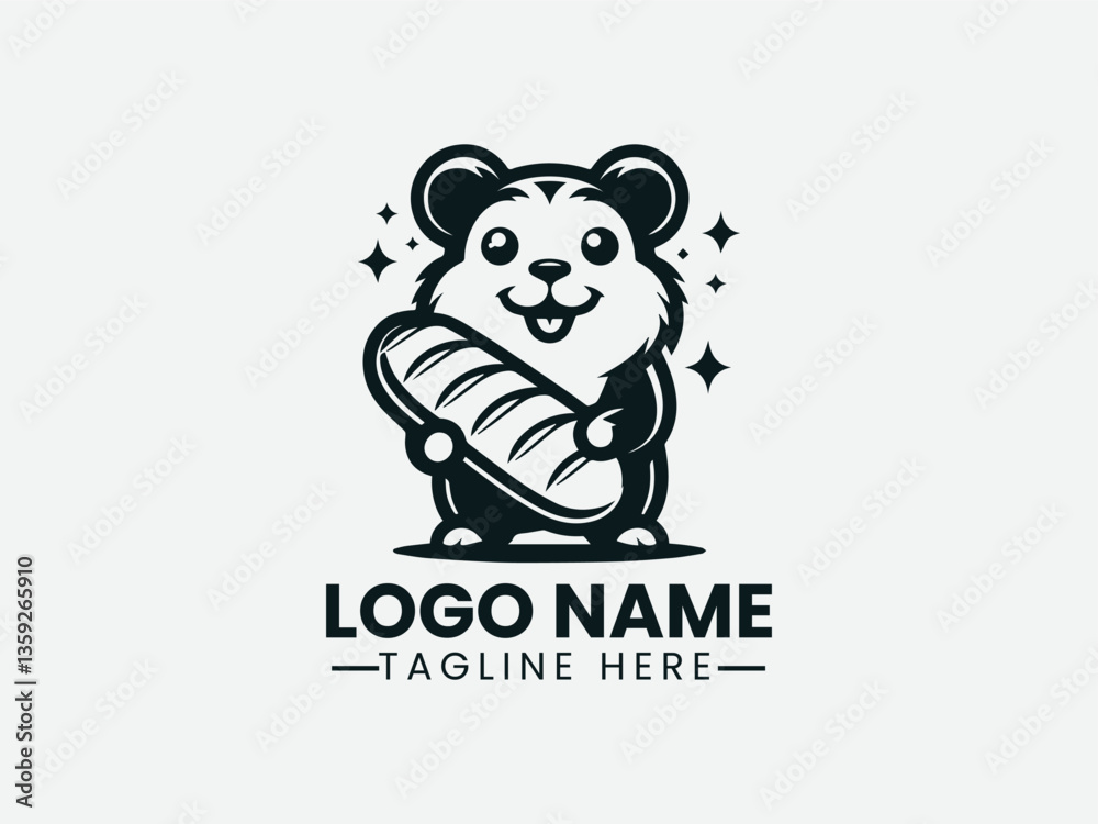 Obraz premium cartoon hamster holding bread. Playful food mascot logo