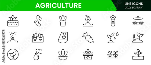 Agriculture and farming line icons. Vector plant sprouts and seedlings, root vegetables and seeds in seedbeds, greenhouses, and farm fields isolated signs with water, sun, and fertilizer.