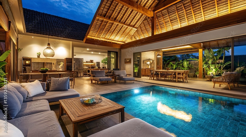 Luxury villa with open living room, minimalist furniture, pool shimmering under night sky, soft interior lights creating a warm ambiance Luxury villa with open living room, minimalist furniture, pool shimmering under night sky, soft interior lights creating a warm ambiance