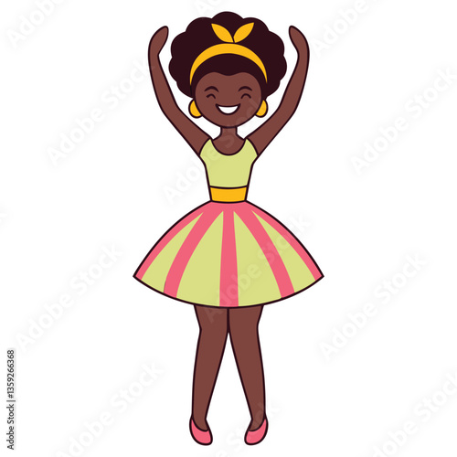 Cheerful Dark Skinned Girl Cartoon Character Smiling with Arms Raised on White