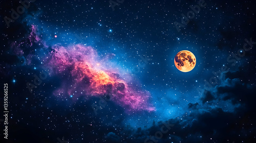 A night sky filled with stars a vibrant nebula and a glowing textured moon The colors are deep blues purples orang