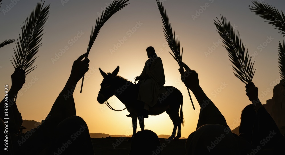 Fototapeta premium Palm Sunday: Jesus Christ on a donkey, people greet him with palm branches. For Christian church publications, printed publications, Bible magazines