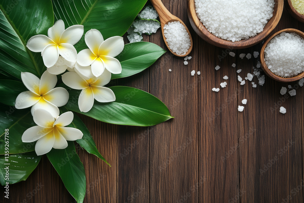White frangipani flowers with spa salts on wooden background White frangipani flowers with spa salts on wooden background