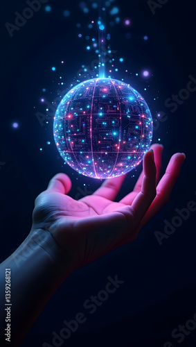 Technology A cyberpunk-inspired AI visualization with a human hand presenting a vibrant AI sphere